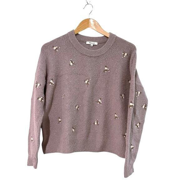 Madewell Sweater Medium Floral Purple Lavender Embroidered Cross Stitch Flowers - Picture 1 of 13